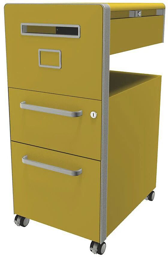 BISLEY Mueble auxiliar Bite™, con 1 tablón para chinchetas, apertura a la izquierda, con 1 cajón universal y 1 cajón para archivadores colgantes, amarillo