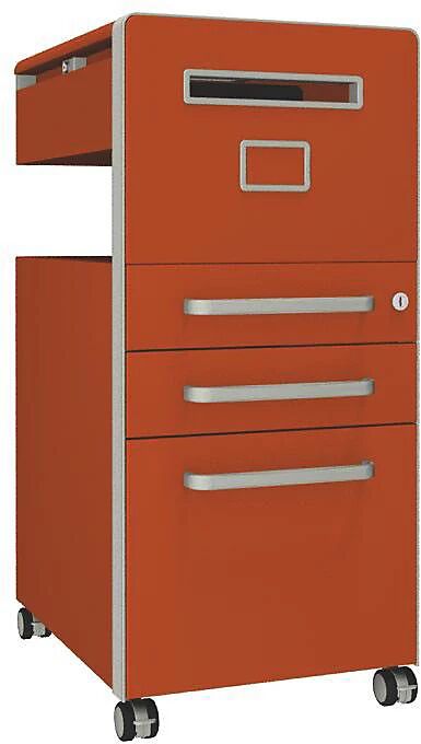 BISLEY Mueble auxiliar Bite™, con 1 tablón para chinchetas, apertura a la derecha, con 2 cajones universales y 1 cajón para archivadores colgantes, naranja