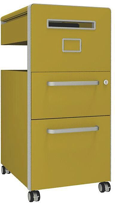 BISLEY Mueble auxiliar Bite™, con 1 tablón para chinchetas, apertura a la derecha, con 1 cajón universal y 1 cajón para archivadores colgantes, amarillo