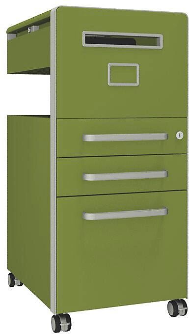 BISLEY Mueble auxiliar Bite™, con 1 tablón para chinchetas, apertura a la derecha, con 2 cajones universales y 1 cajón para archivadores colgantes, verde