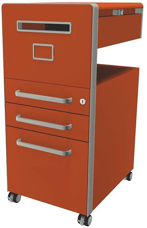 BISLEY Mueble auxiliar Bite™, con 1 panel rotulable, apertura a la izquierda, con 2 cajones universales y 1 cajón para archivadores colgantes, naranja