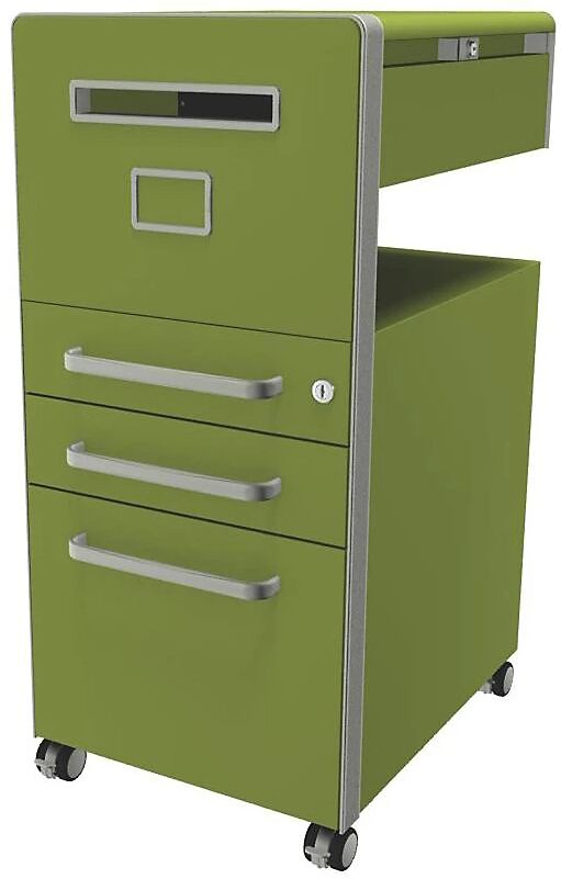 BISLEY Mueble auxiliar Bite™, con 1 panel rotulable, apertura a la izquierda, con 2 cajones universales y 1 cajón para archivadores colgantes, verde