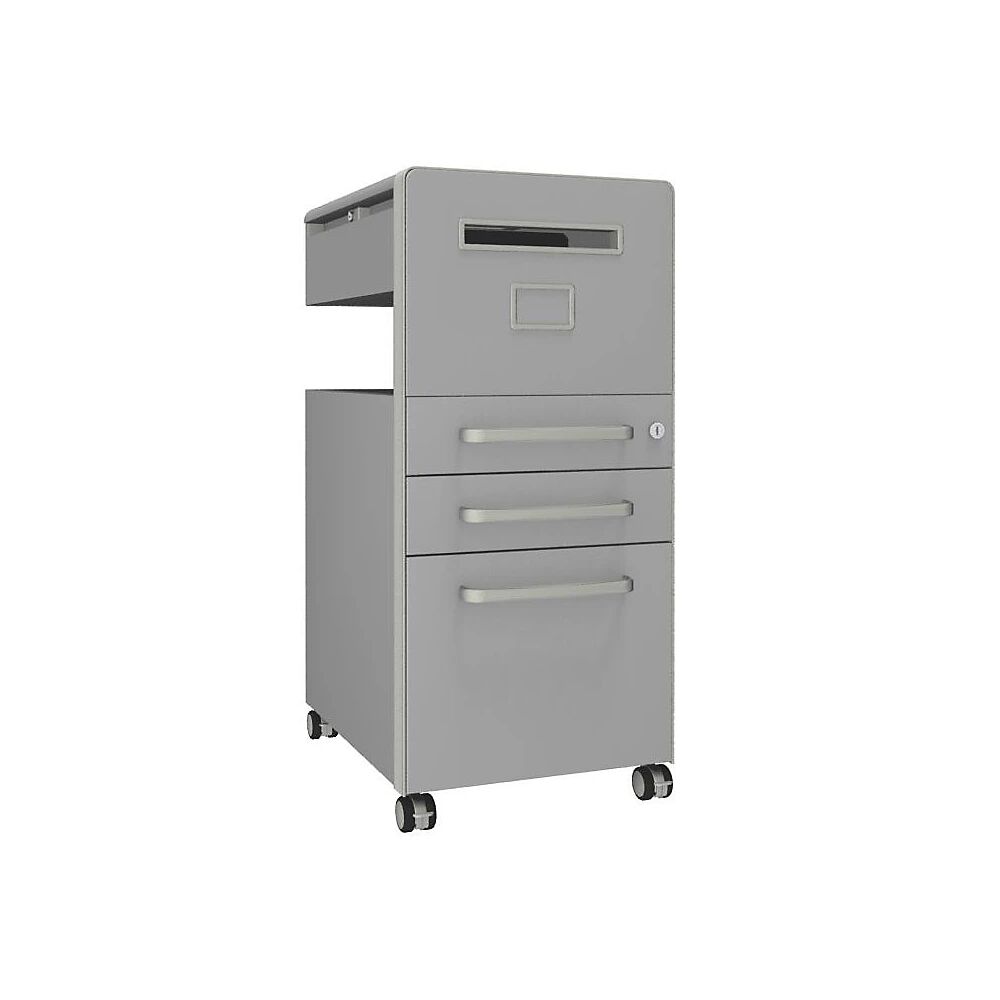 BISLEY Mueble auxiliar Bite™, con 1 panel rotulable, apertura a la derecha, con 2 cajones universales y 1 cajón para archivadores colgantes, gris luminoso