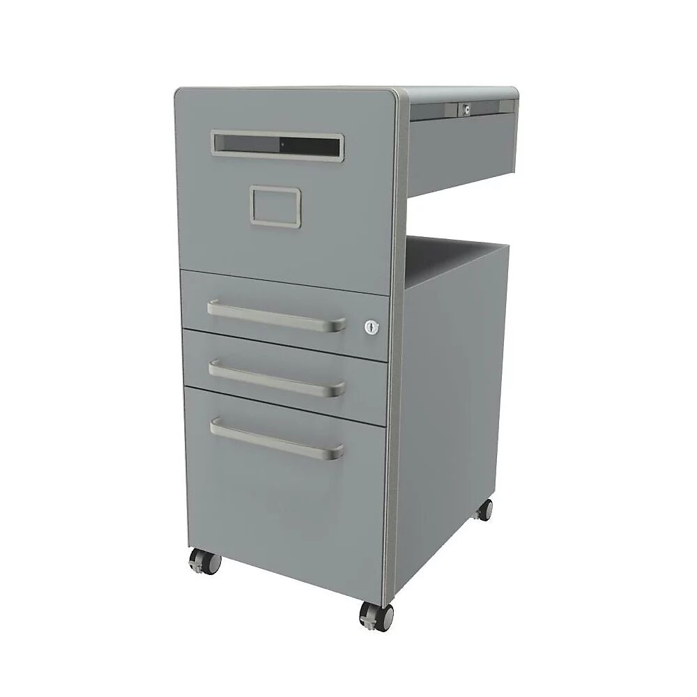 BISLEY Mueble auxiliar Bite™, con 1 panel rotulable, apertura a la izquierda, con 2 cajones universales y 1 cajón para archivadores colgantes, plata, pintura satinada