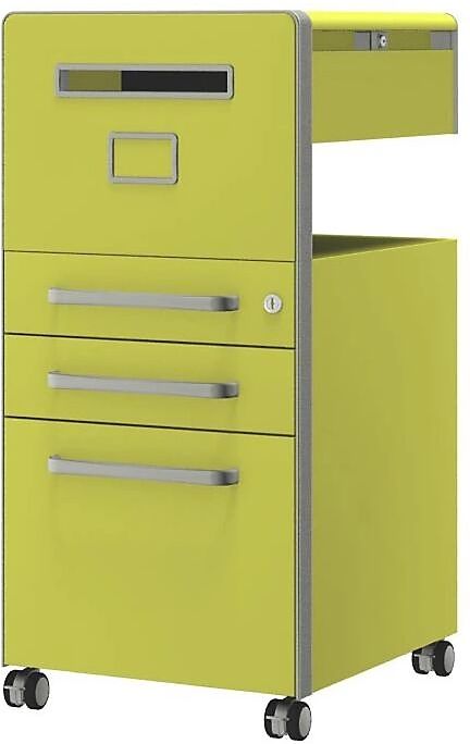 BISLEY Mueble auxiliar Bite™, con 1 panel rotulable, apertura a la izquierda, con 2 cajones universales y 1 cajón para archivadores colgantes, amarillo