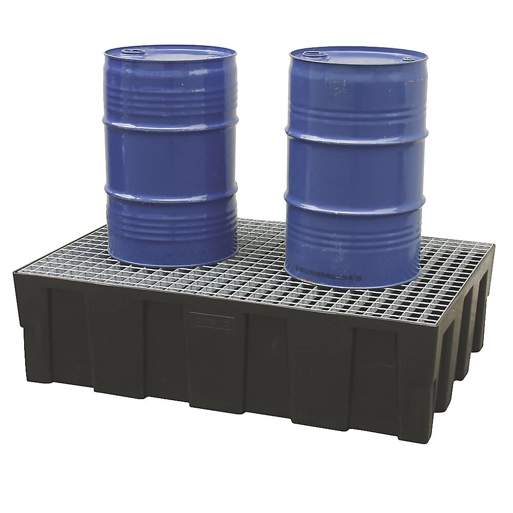 CEMO Cubeta colectora de PE para bidones de 200 litros, cubeta de fondo / para palets, volumen de recogida 224 l, con rejilla de acero galvanizado