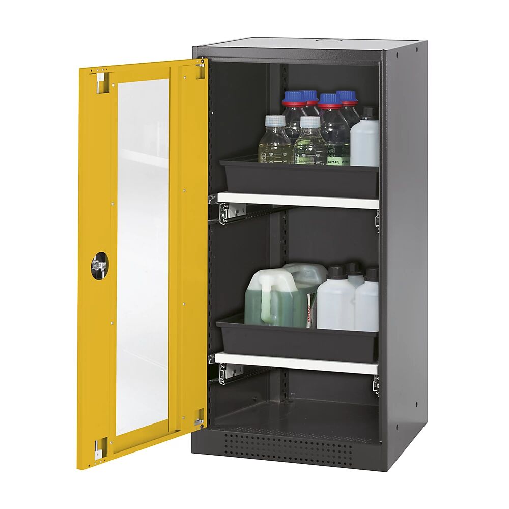 asecos Armario de laboratorio para productos químicos, 1 puerta, de media altura, 2 bandejas extraíbles, con ventanilla, amarillo