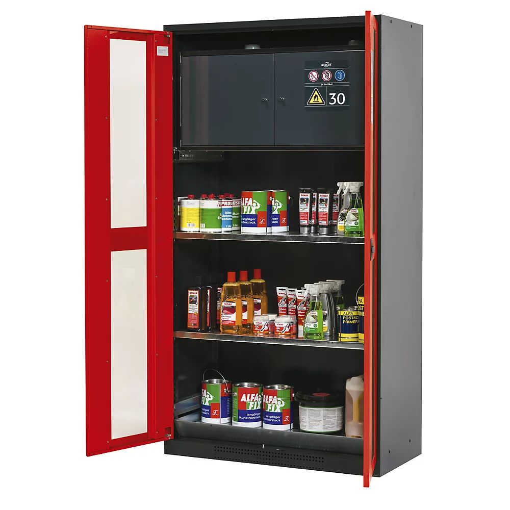 asecos Armario para productos químicos, puerta con mirillas, con caja para sustancias peligrosas tipo 30, rojo tráfico