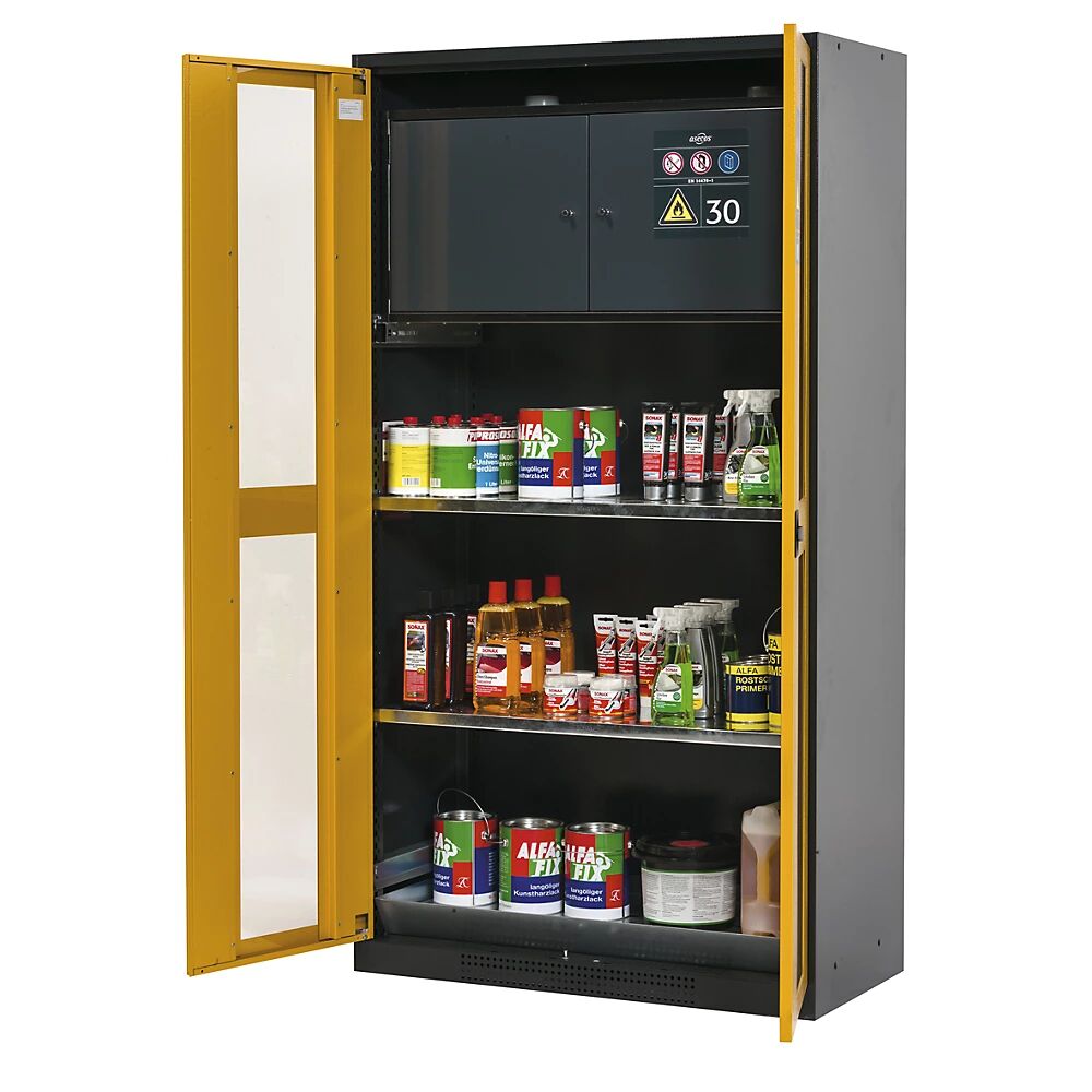 asecos Armario para productos químicos, puerta con mirillas, con caja para sustancias peligrosas tipo 30, amarillo oro