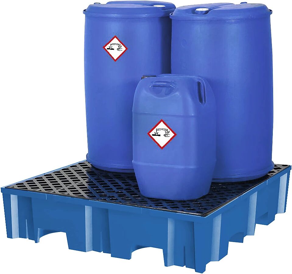 asecos Cubeta colectora de PE para 4 bidones de 200 l, L x A 1235 x 1235 mm, capacidad de recogida 255 l, con rejilla de PE