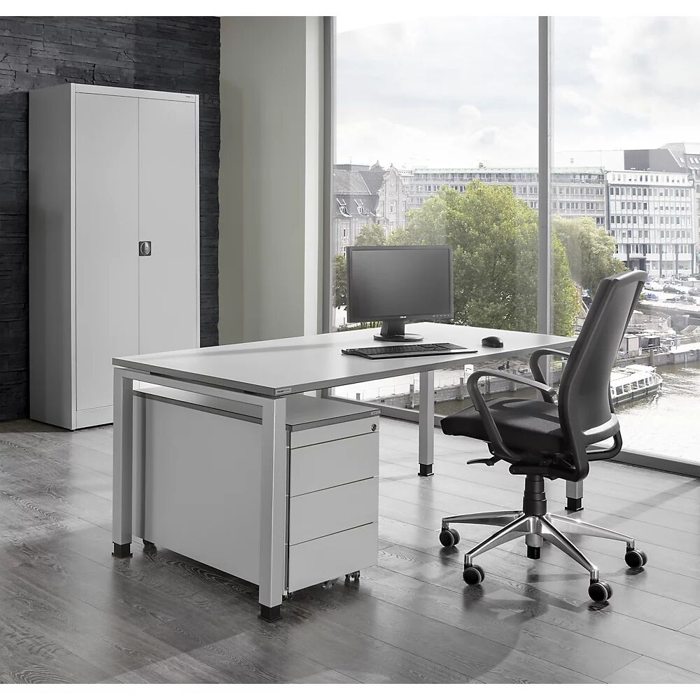 mauser Oficina completa ARCOS, escritorio, armario de puertas batientes, buck rodante con 3 cajones, gris luminoso