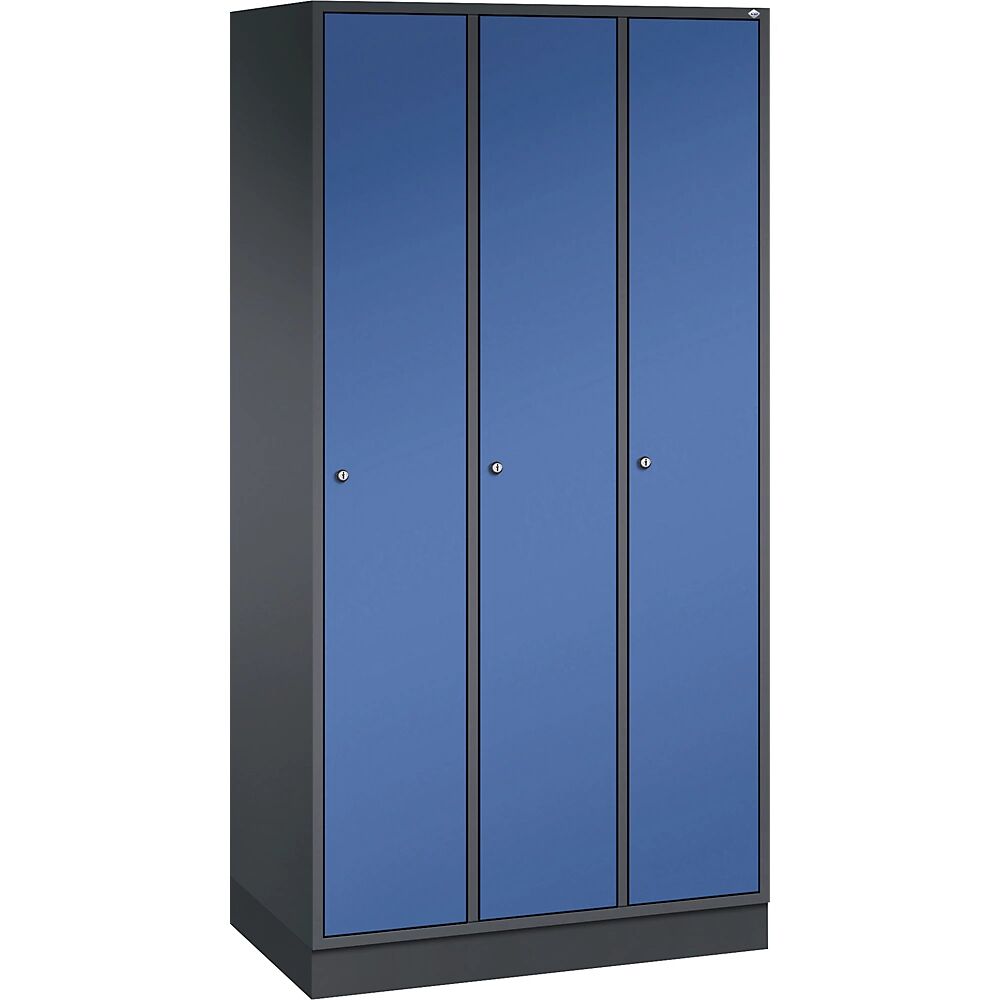 C+P Armario guardarropa de acero INTRO, anchura 920 mm, 3 compartimentos, cuerpo gris negruzco, puertas en azul genciana