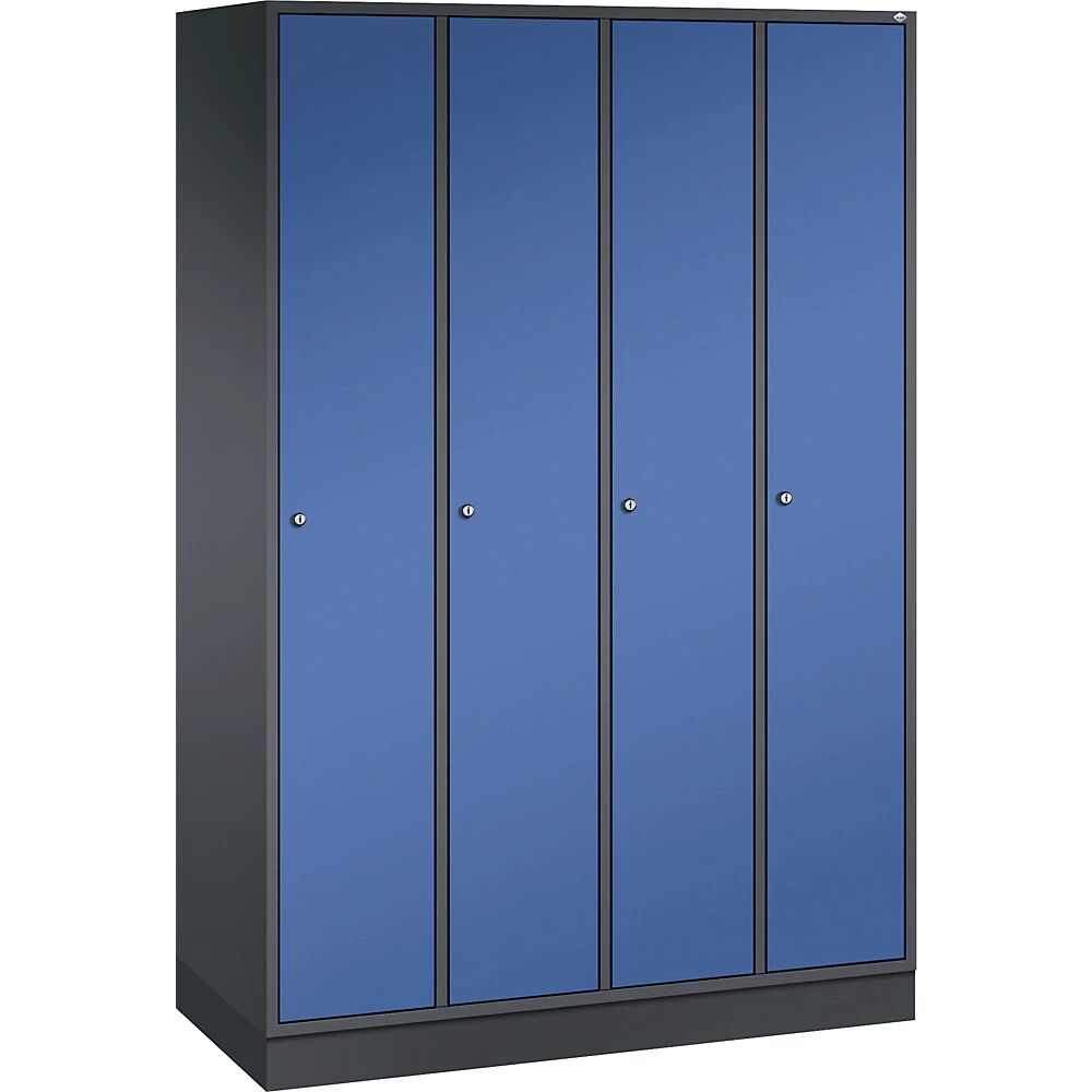 C+P Armario guardarropa de acero INTRO, anchura 1220 mm, 4 compartimentos, cuerpo gris negruzco, puertas en azul genciana