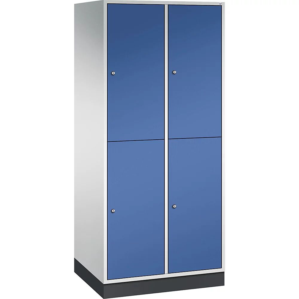 C+P Armario guardarropa de acero de dos pisos INTRO, A x P 820 x 600 mm, 4 compartimentos, cuerpo gris luminoso, puertas en azul genciana