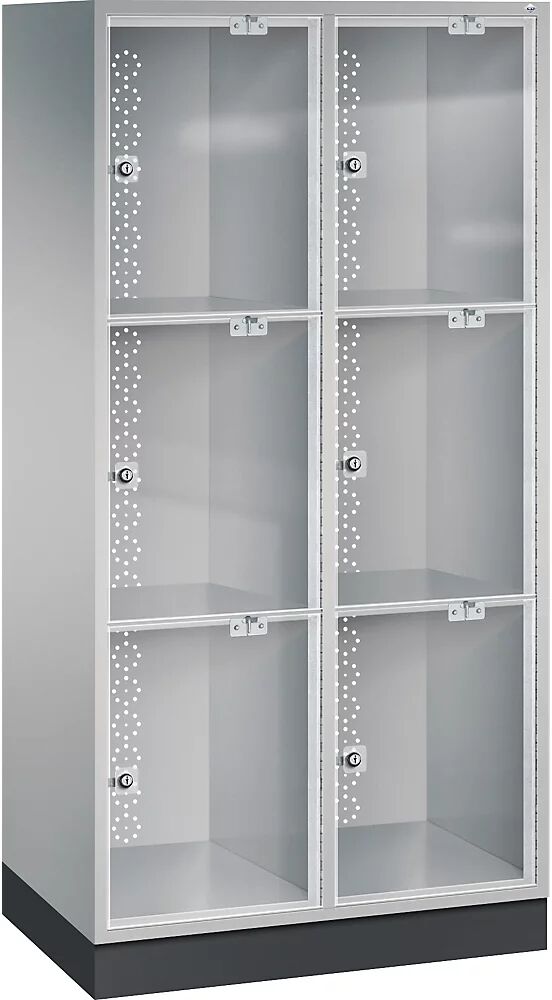 C+P Armario de compartimentos bajo llave de acero INTRO con puerta de cristal acrílico, H x A x P 1750 x 820 x 500 mm, altura de compartimento 510 mm, 6 compartimentos, cuerpo aluminio blanco