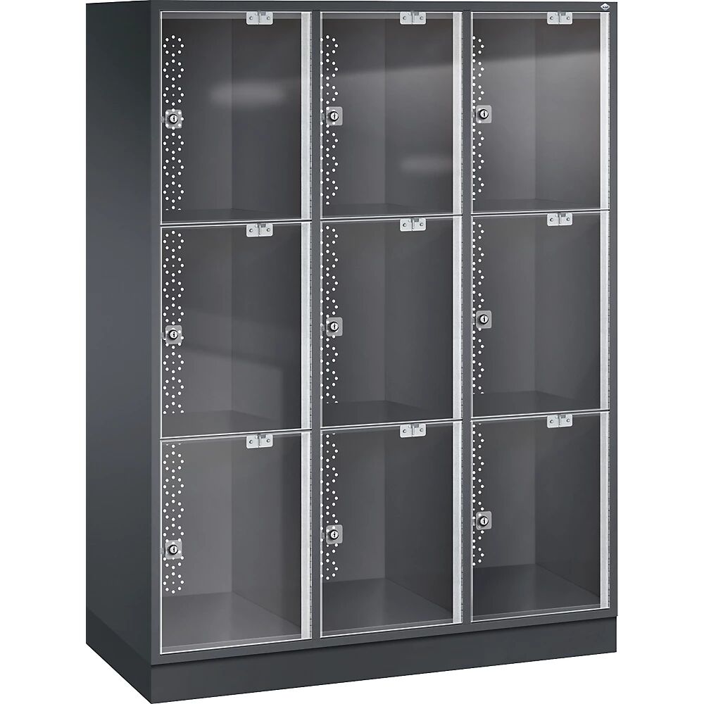 C+P Armario de compartimentos bajo llave de acero INTRO con puerta de cristal acrílico, H x A x P 1750 x 1220 x 500 mm, altura de compartimento 510 mm, 9 compartimentos, cuerpo gris negruzco