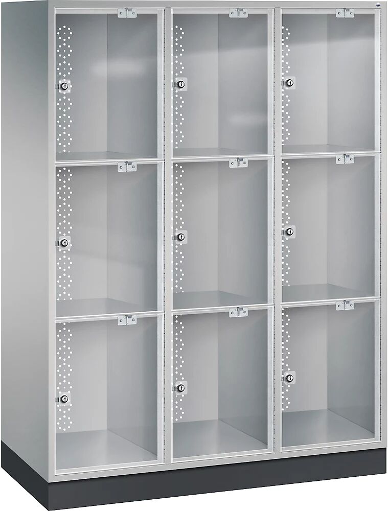 C+P Armario de compartimentos bajo llave de acero INTRO con puerta de cristal acrílico, H x A x P 1750 x 1220 x 500 mm, altura de compartimento 510 mm, 9 compartimentos, cuerpo aluminio blanco