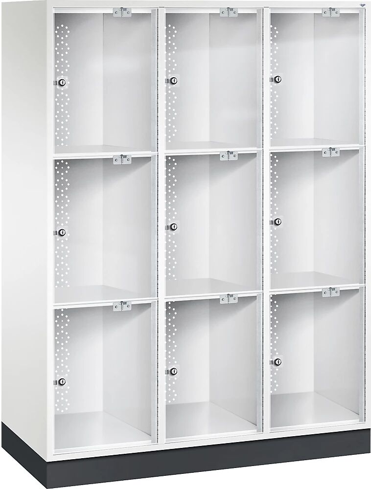 C+P Armario de compartimentos bajo llave de acero INTRO con puerta de cristal acrílico, H x A x P 1750 x 1220 x 500 mm, altura de compartimento 510 mm, 9 compartimentos, cuerpo blanco puro