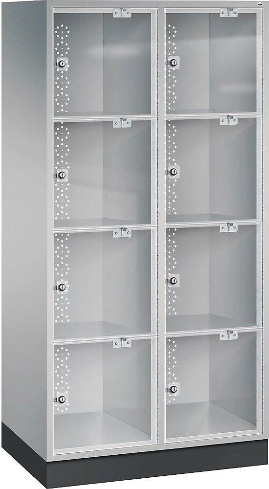 C+P Armario de compartimentos bajo llave de acero INTRO con puerta de cristal acrílico, H x A x P 1750 x 820 x 500 mm, altura de compartimento 380 mm, 8 compartimentos, cuerpo aluminio blanco