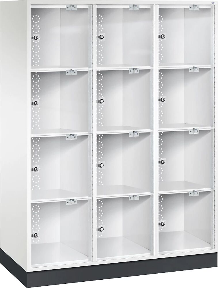 C+P Armario de compartimentos bajo llave de acero INTRO con puerta de cristal acrílico, H x A x P 1750 x 1220 x 500 mm, altura de compartimento 380 mm, 12 compartimentos, cuerpo blanco puro