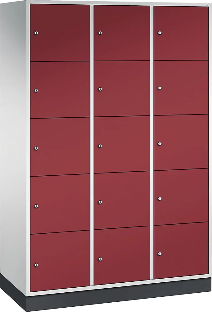 C+P Armario de compartimentos bajo llave de acero INTRO, altura de compartimento 345 mm, A x P 1220 x 500 mm, 15 compartimentos, cuerpo gris luminoso, puertas en rojo rubí