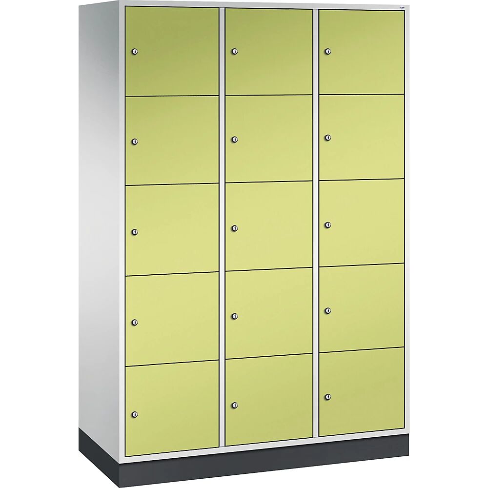 C+P Armario de compartimentos bajo llave de acero INTRO, altura de compartimento 345 mm, A x P 1220 x 500 mm, 15 compartimentos, cuerpo gris luminoso, puertas en verde pistacho