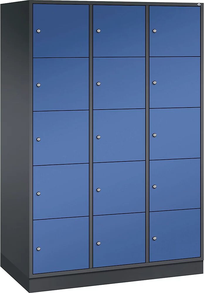 C+P Armario de compartimentos bajo llave de acero INTRO, altura de compartimento 345 mm, A x P 1220 x 600 mm, 15 compartimentos, cuerpo gris negruzco, puertas en azul genciana