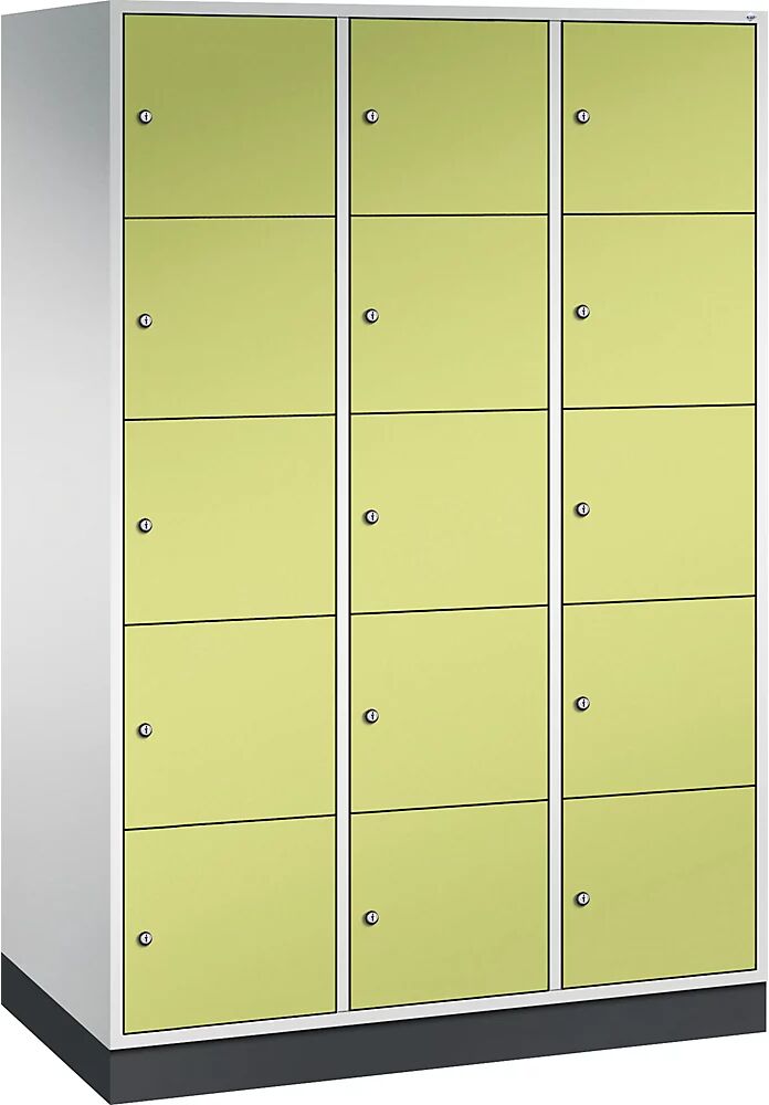 C+P Armario de compartimentos bajo llave de acero INTRO, altura de compartimento 345 mm, A x P 1220 x 600 mm, 15 compartimentos, cuerpo gris luminoso, puertas en verde pistacho