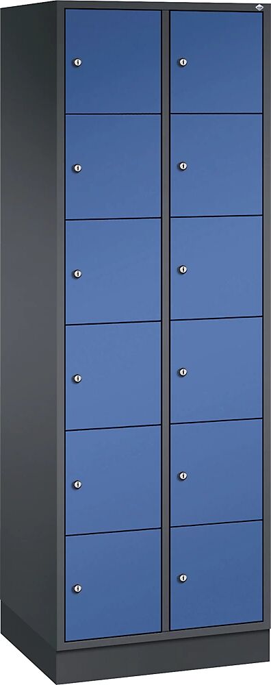 C+P Armario de compartimentos bajo llave de acero INTRO, altura de compartimento 285 mm, A x P 620 x 500 mm, 12 compartimentos, cuerpo gris negruzco, puertas en azul genciana