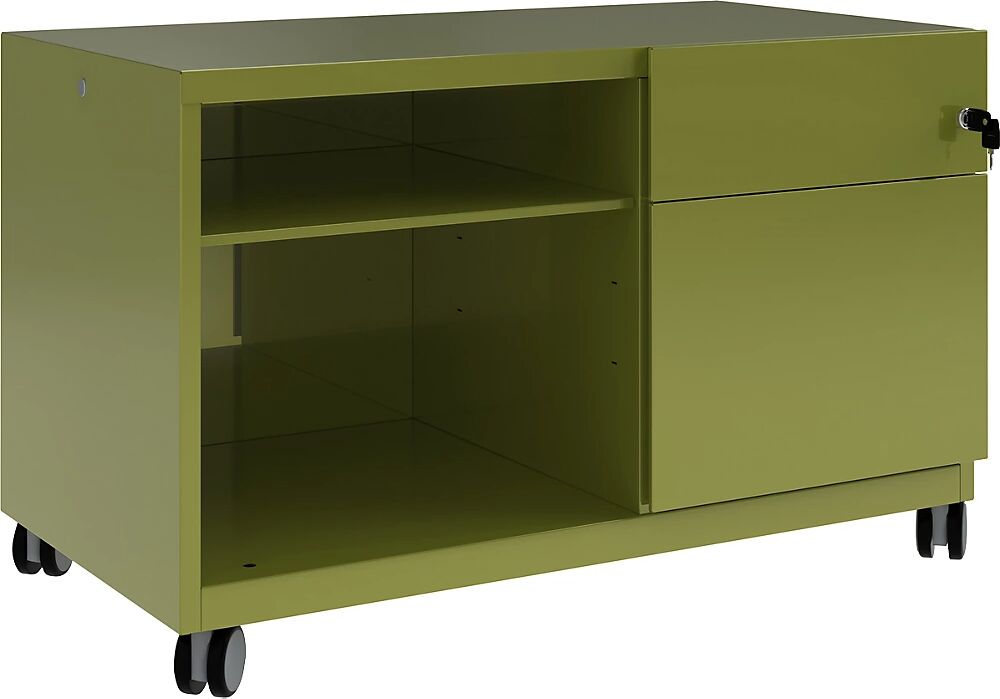 BISLEY Note™ CADDY, H x A x P 563 x 900 x 490 mm, a la derecha 1 cajón universal y archivador colgante, verde