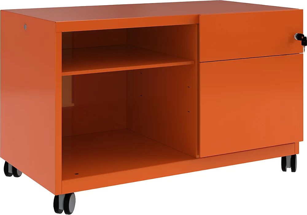 BISLEY Note™ CADDY, H x A x P 563 x 900 x 490 mm, a la derecha 1 cajón universal y archivador colgante, naranja