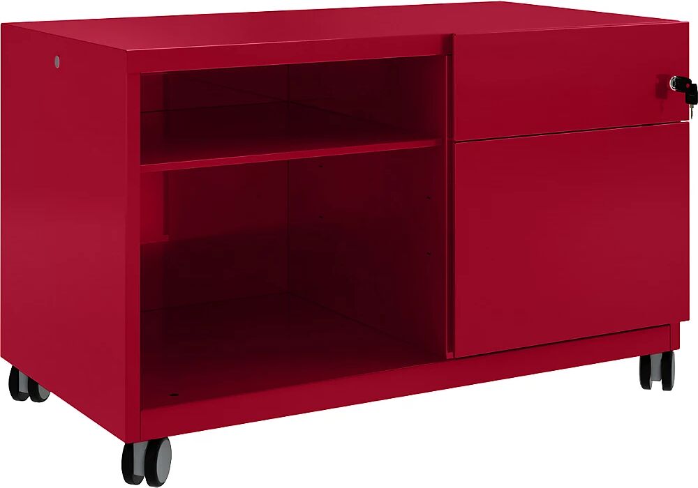 BISLEY Note™ CADDY, H x A x P 563 x 900 x 490 mm, a la derecha 1 cajón universal y archivador colgante, rojo cardenal