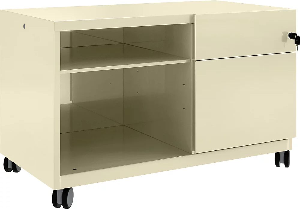 BISLEY Note™ CADDY, H x A x P 563 x 900 x 490 mm, a la derecha 1 cajón universal y archivador colgante, marfil claro