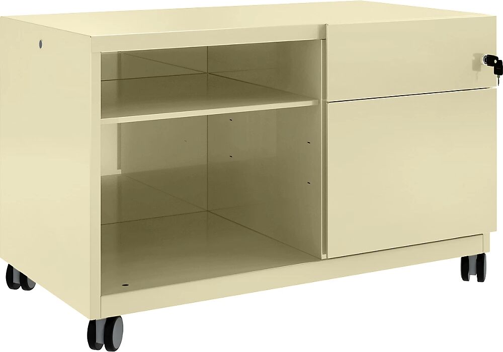 BISLEY Note™ CADDY, H x A x P 563 x 900 x 490 mm, a la derecha 1 cajón universal y archivador colgante, crema