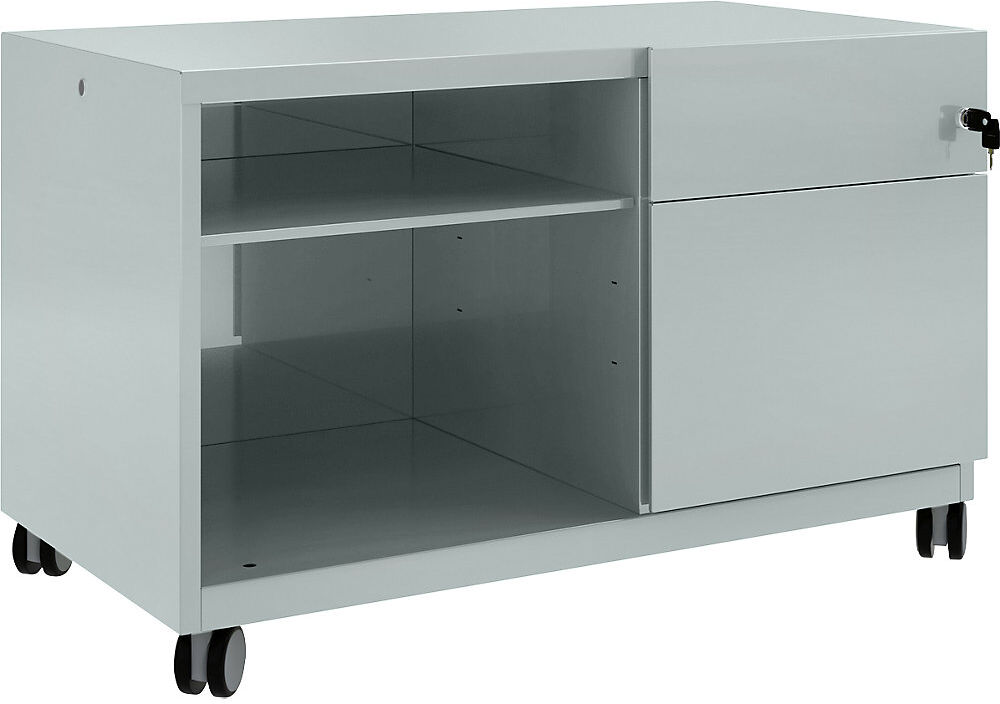 BISLEY Note™ CADDY, H x A x P 563 x 900 x 490 mm, a la derecha 1 cajón universal y archivador colgante, plateado