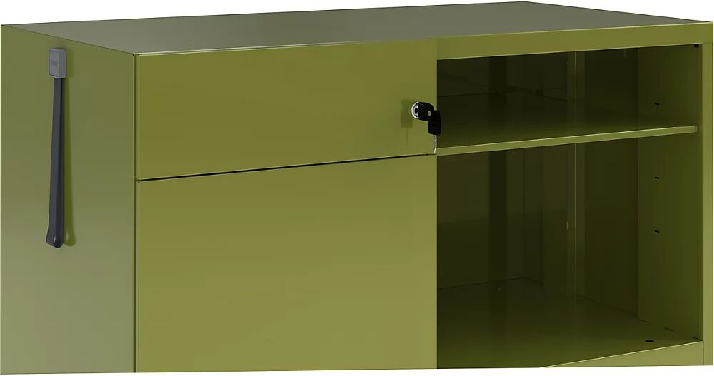 BISLEY Note™ CADDY, H x A x P 563 x 900 x 490 mm, a la izquierda 1 cajón universal y archivador colgante, verde