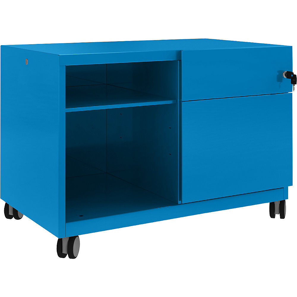 BISLEY Note™ CADDY, H x A x P 563 x 800 x 490 mm, a la derecha 1 cajón universal y archivador colgante, azul