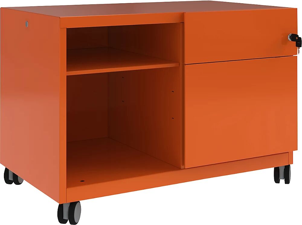 BISLEY Note™ CADDY, H x A x P 563 x 800 x 490 mm, a la derecha 1 cajón universal y archivador colgante, naranja