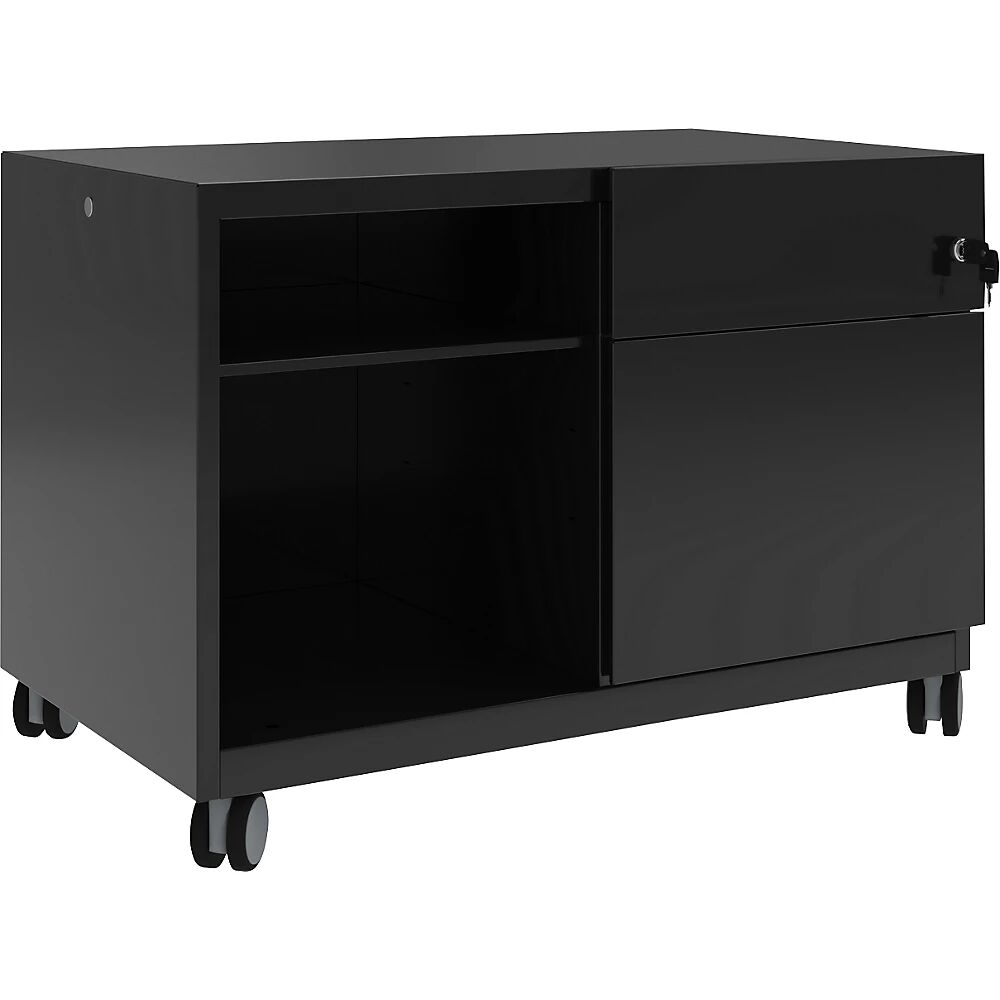 BISLEY Note™ CADDY, H x A x P 563 x 800 x 490 mm, a la derecha 1 cajón universal y archivador colgante, negro