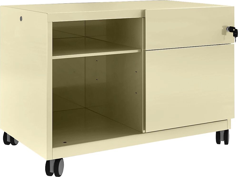 BISLEY Note™ CADDY, H x A x P 563 x 800 x 490 mm, a la derecha 1 cajón universal y archivador colgante, crema