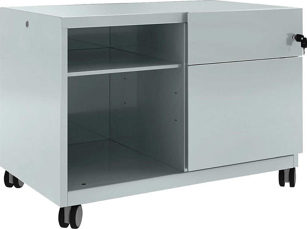 BISLEY Note™ CADDY, H x A x P 563 x 800 x 490 mm, a la derecha 1 cajón universal y archivador colgante, plateado