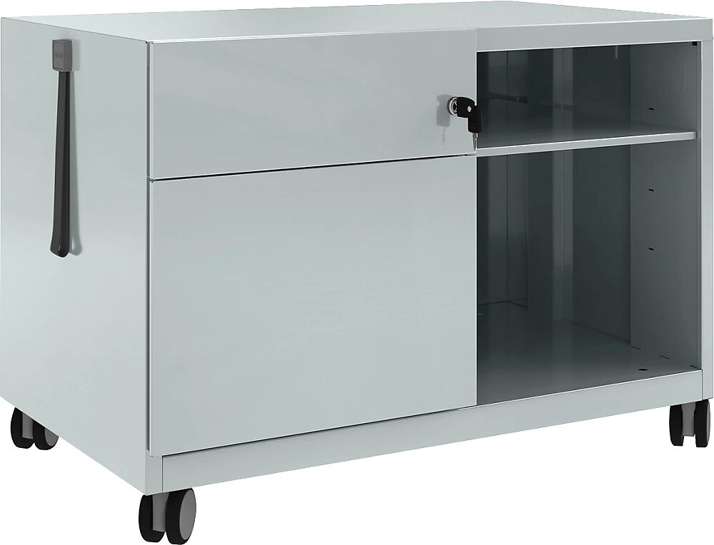 BISLEY Note™ CADDY, H x A x P 563 x 800 x 490 mm, a la izquierda 1 cajón universal y archivador colgante, plateado