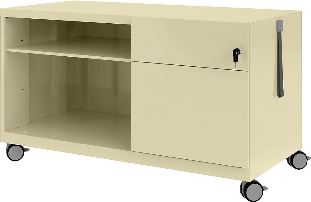 BISLEY Note™ CADDY, H x A x P 563 x 1000 x 490 mm, a la derecha 1 cajón universal y archivador colgante, crema