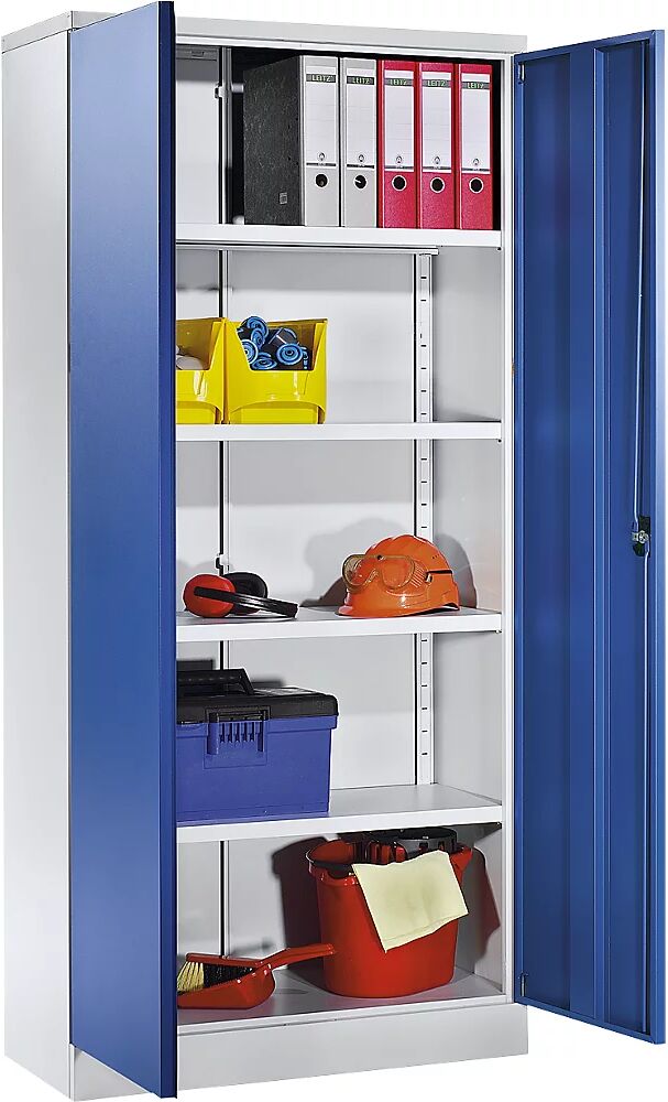 eurokraft basic Armario universal con puertas batientes y 4 baldas, H x A x P 1950 x 915 x 421 mm, cuerpo en gris luminoso / puertas en azul genciana