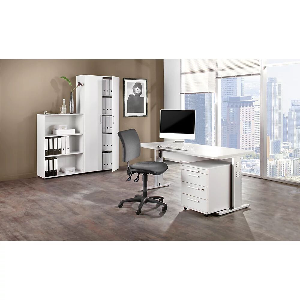 kaiserkraft MULTI - Oficina completa, 1 escritorio, 1 estantería, 1 buck rodante, 1 armario para archivadores, con silla giratoria de oficina en negro, gris luminoso