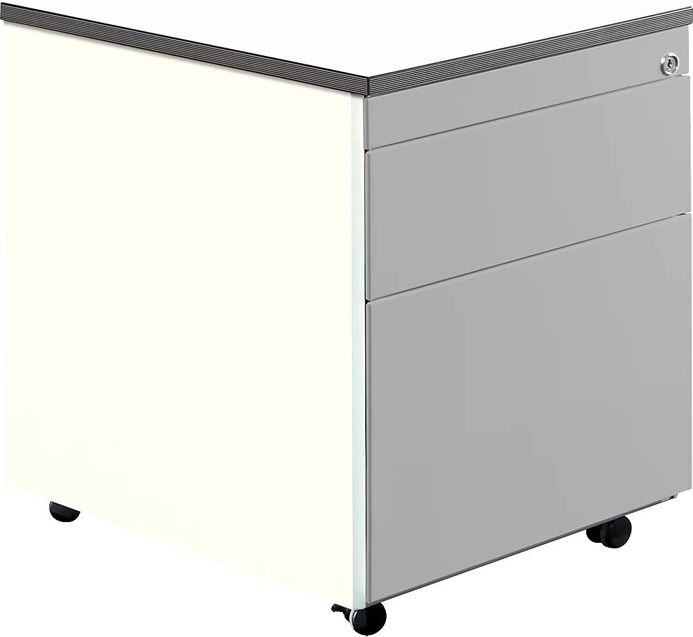 mauser Buck rodante, H x P 579 x 600 mm, 1 cajón para material, 1 archivador colgante, blanco puro / aluminio blanco / blanco