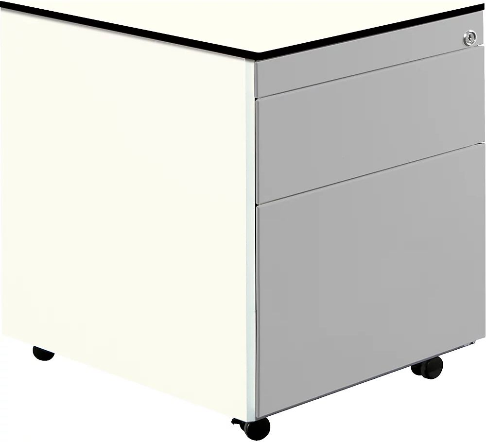 mauser Buck rodante, H x P 573 x 600 mm, 1 cajón para material, 1 archivador colgante, blanco puro / aluminio blanco / blanco