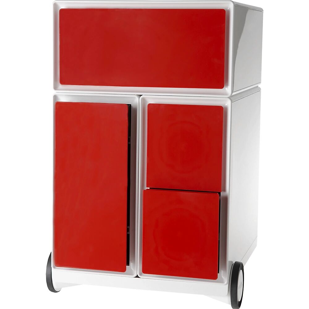 Paperflow Buck rodante easyBox®, 1 cajón, 1 cajón para archivadores colgantes, 2 cajones para CD, blanco / rojo