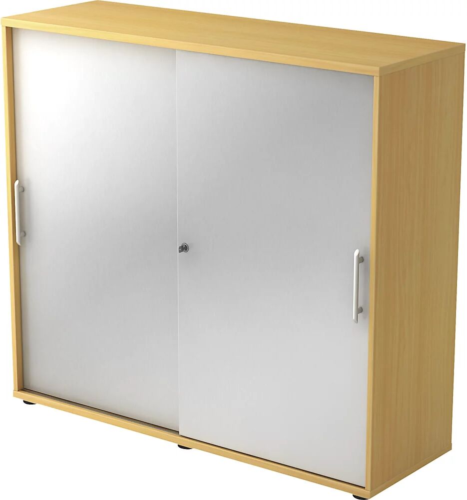 kaiserkraft FINO - Armario de puertas correderas, 2 baldas, 1 pared separadora, H x A x P 1100 x 1200 x 400 mm, decoración de haya / aluminio blanco