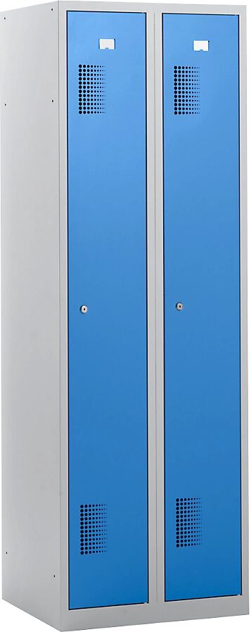 eurokraft basic Armario guardarropa AMSTERDAM, altura 1800 mm, anchura 600 mm, 2 compartimentos de 298 mm, con cerradura de cilindro, cuerpo en gris luminoso, puertas en azul luminoso